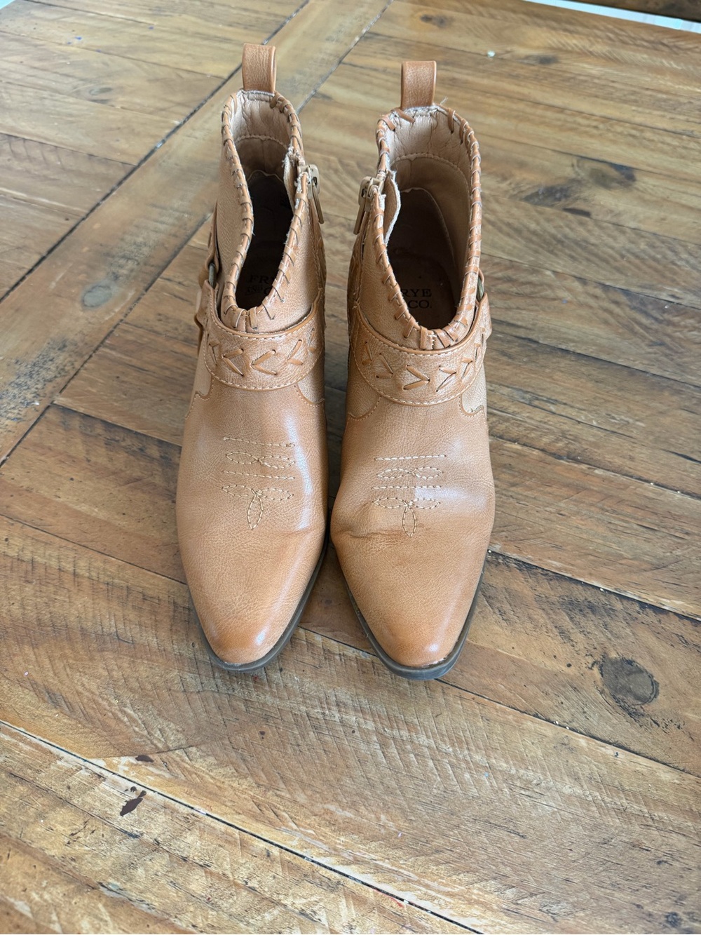 FRYE AND CO. Tan Leather Braided Strap Ankle Booties